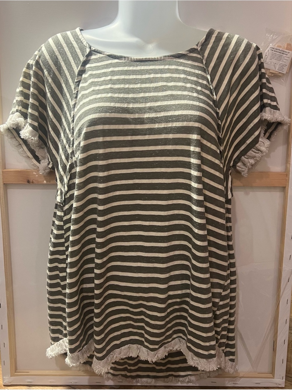 Umgee Olive & Cream Striped Fringe Short Sleeve Tunic
